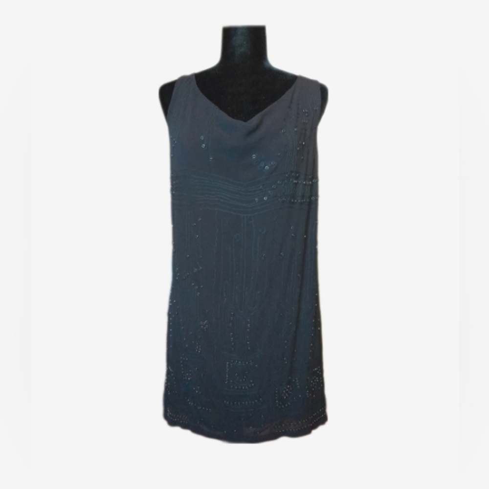 Vince Black Silk Embroidered and Grommet Detail Sleeveless Cowl Neck Dress